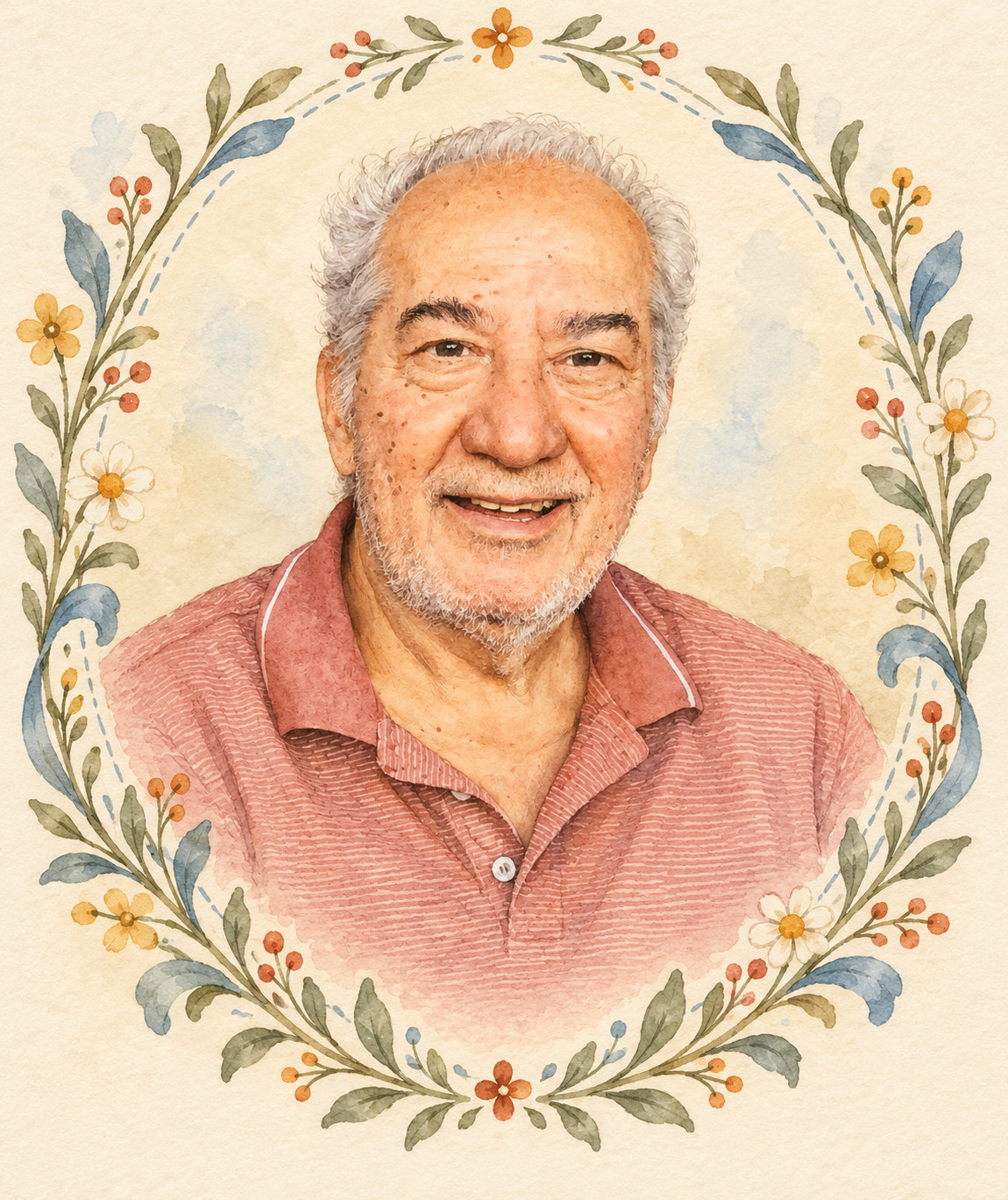 Ilustração em aquarela do bisavô Franklin sorrindo