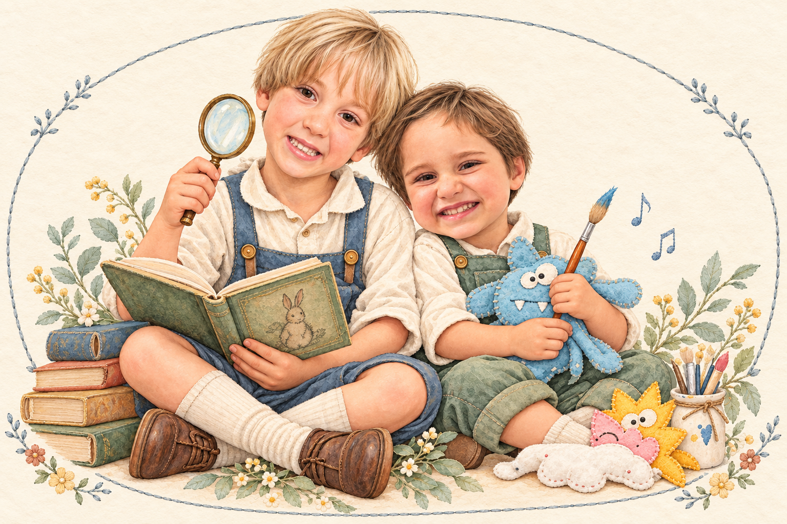 Ilustração de Manoel, loiro, com livros e lupa, e Luizão, moreno, com seus bichinhos de feltro e pincel