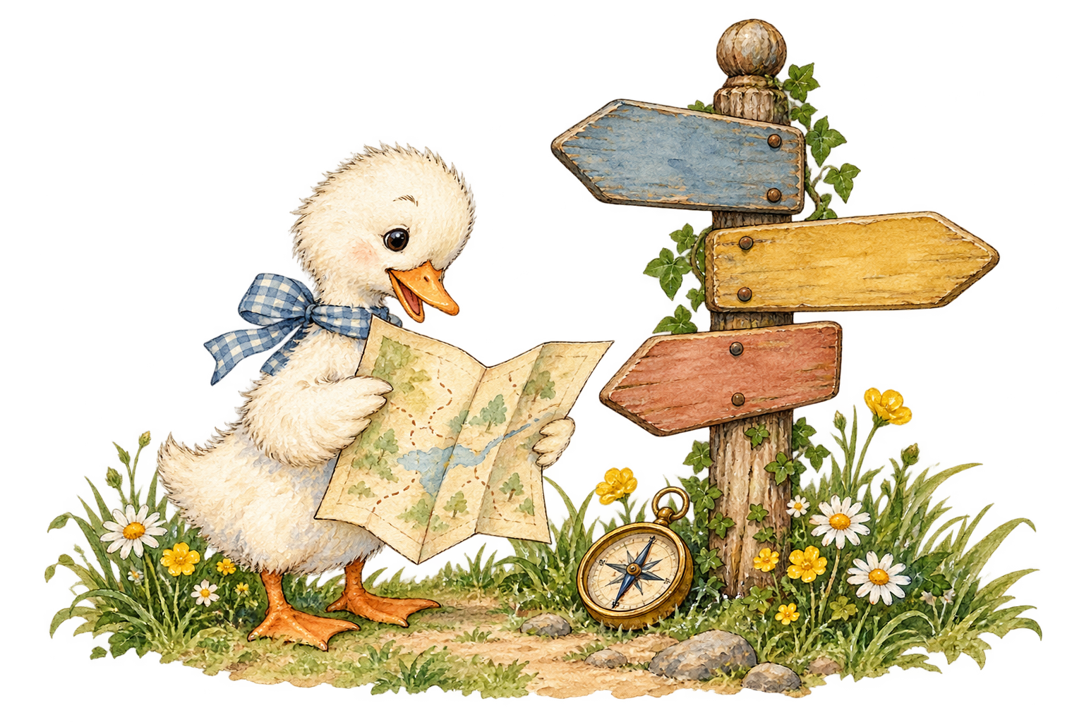 Patinho consultando um mapa entre flores